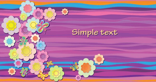 Composición horizontal vectorial. Mariposas y flores pintadas de la tela sobre el fondo abstracto de lila. Espacio para texto — Vector de stock