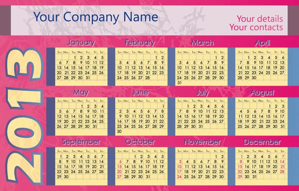 Calendar for 2013. Location details for the company. Week starts on Sunday — Stock Vector