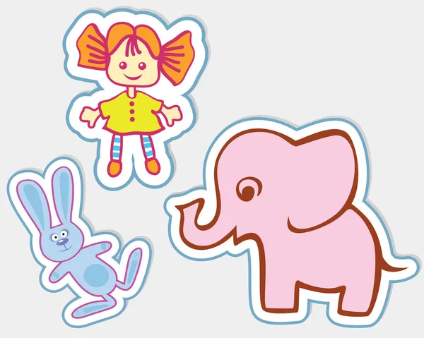Веселі іграшки у вигляді наклейок. Рудоволоса лялька, рожевий слон і зайчик — стоковий вектор