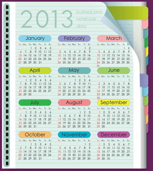 Calendar for 2013. Week starts on Sunday. Diary from the colored tabs — Stock Vector