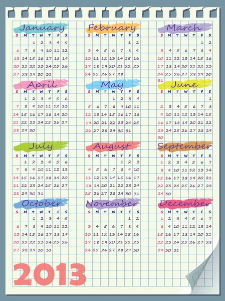 2013 年日历。周从星期日开始。在一个笼子里练习簿 — 图库矢量图片