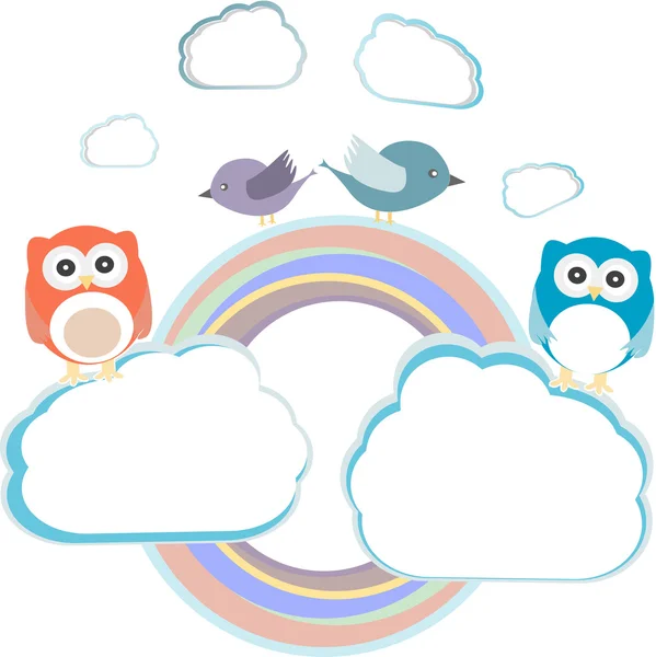 Background with couple of owls sitting and birds on cloud — Stock Vector
