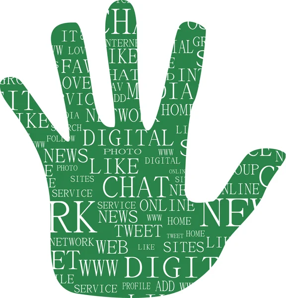 Illustration of hand, keywords on social media themes — Stock Vector