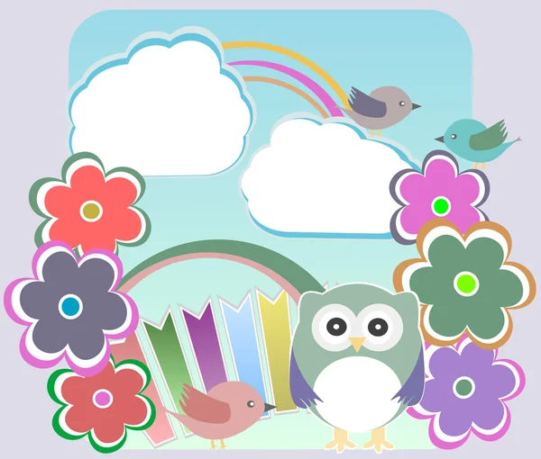フクロウ、花、鳥、雲の背景 — ストックベクタ