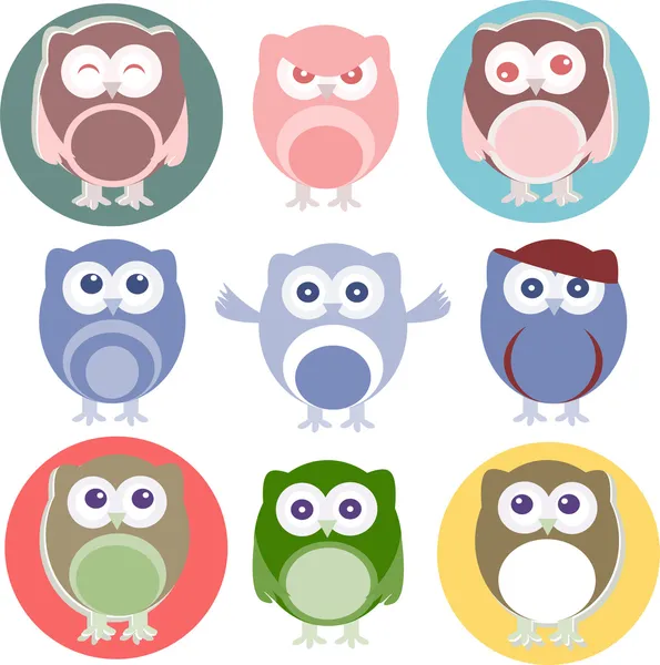 Conjunto de corujas dos desenhos animados com várias emoções — Vetor de Stock