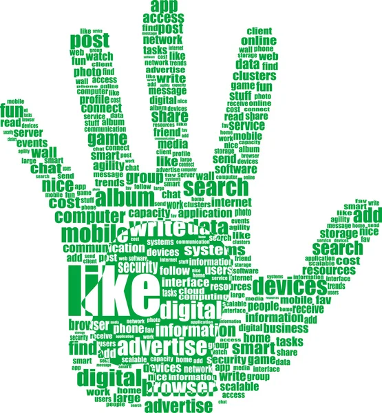 Símbolo de mão, composto por palavras-chave de texto sobre temas de mídia social — Vetor de Stock