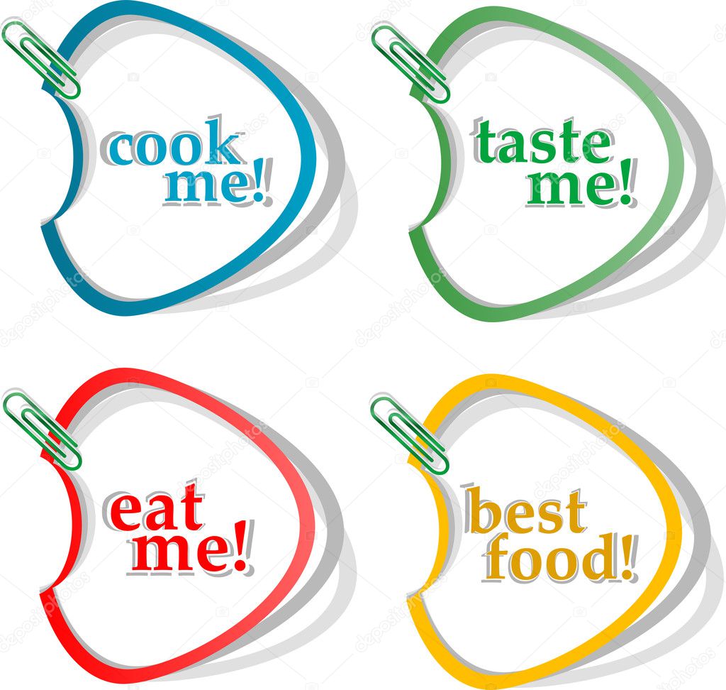 Eat me, taste me, cook me and best food stickers. Vector set