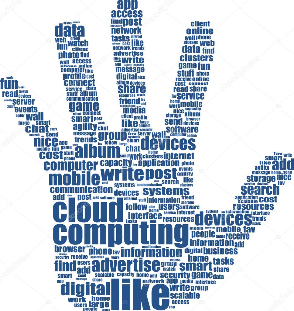 Hand which is composed of text keywords on social media themes