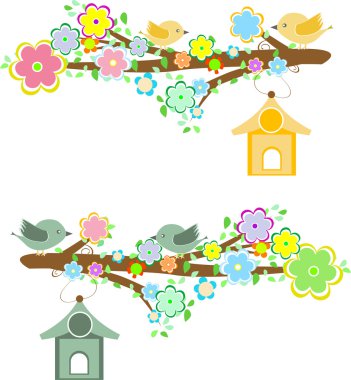 Family of birds sitting on a branch with birdhouses clipart