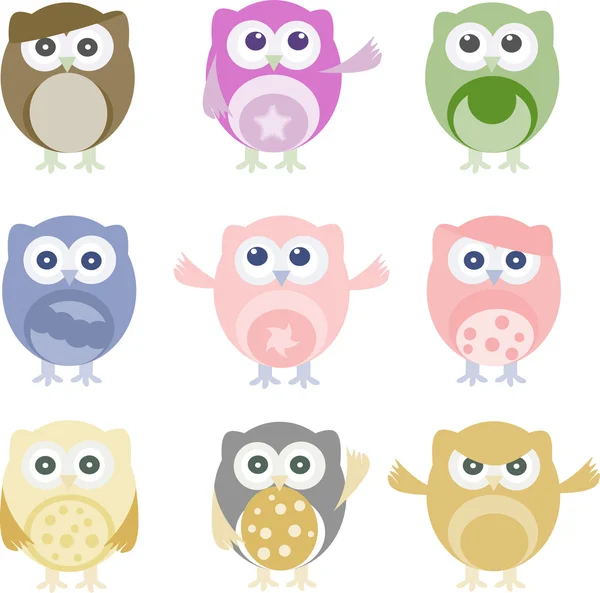 Zestaw dziewięciu sowy kreskówka z różnych emocji — Wektor stockowy
