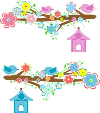 Cards with couples of birds sitting on branches and birdhouses clipart