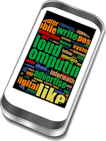 智能手机与应用程序图标和社交媒体的单词 — 图库矢量图片