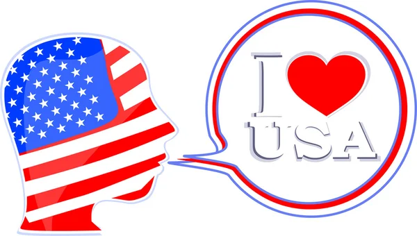 El hombre de la bandera de EE.UU. con burbujas de habla - Me encanta usa — Archivo Imágenes Vectoriales