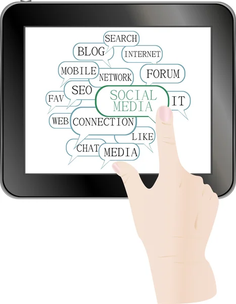 Palabras clave del texto en los temas de los medios de comunicación social. Tablet pc — Stockvector