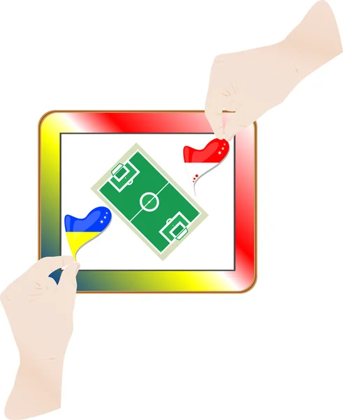 Mains avec drapeau national sur tablette ordinateur pc. Vecteur — Image vectorielle