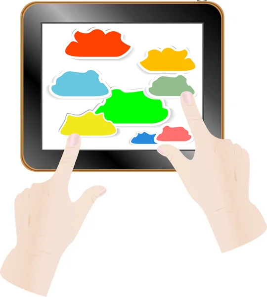 Cloud computing koncepce. prst dotýká mraků na dotykové obrazovce — Stockový vektor