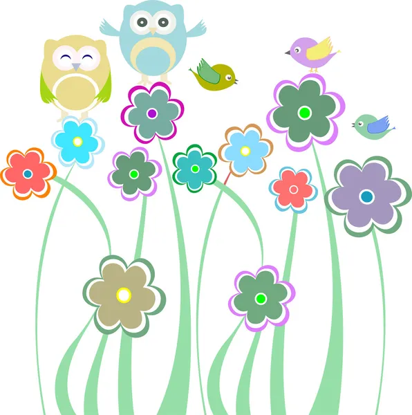 Carino bambini sfondo con fiori uccelli gufi — Vettoriale Stock