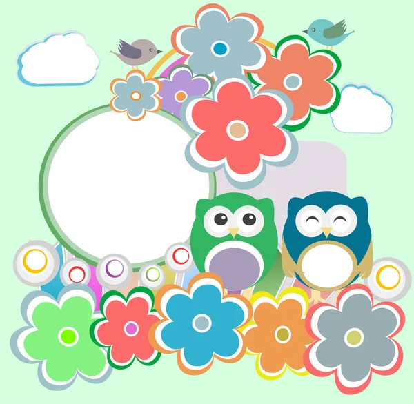 Hintergrund mit Eule, Blumen und Vögeln — Stockvektor
