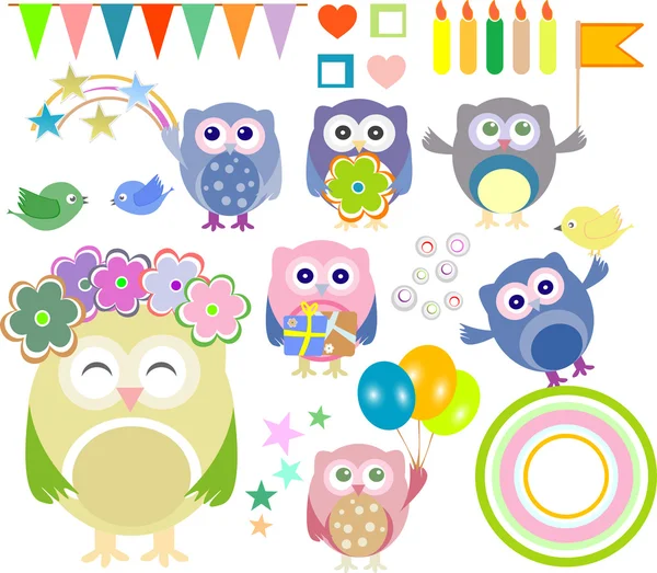 Set of vector birthday party elements with cute owls — Stock Vector