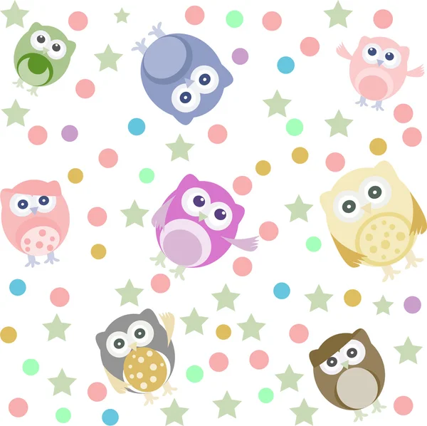 Bright background with cute owls, stars, circles. Seamless pattern — Stock Vector
