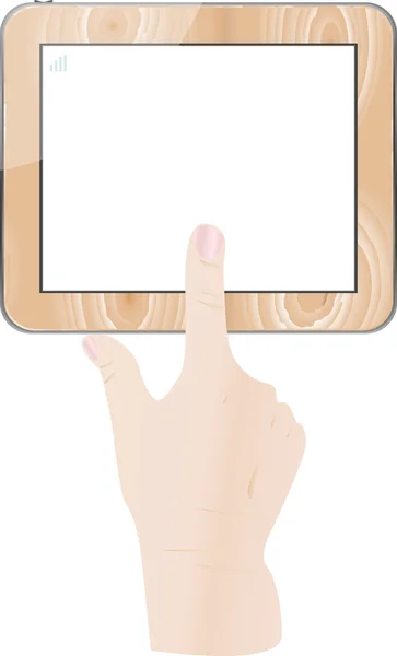 Жіночий палець торкається дерев'яного планшетного комп'ютера ізольовано на білому — стоковий вектор