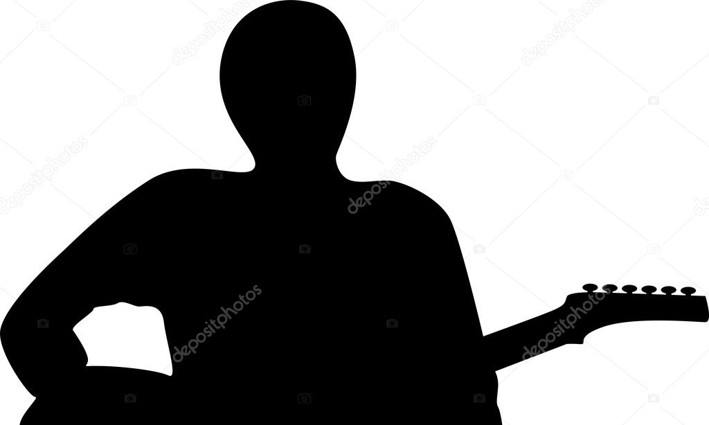 A silhouette of a guitar player isolated on white