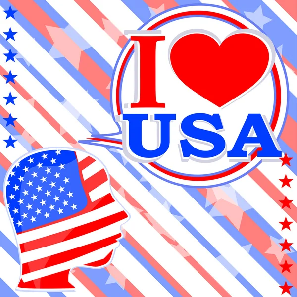 USA vlag man met tekstballonnen - ik hou van Verenigde Staten — Stockvector