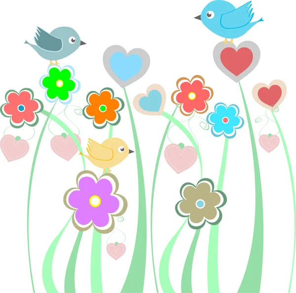 Fond avec des oiseaux mignons et des fleurs — Image vectorielle