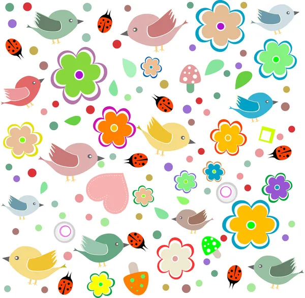 Fågel, ladybird och blomma. Grattis på födelsedagen vektor — Stock vektor