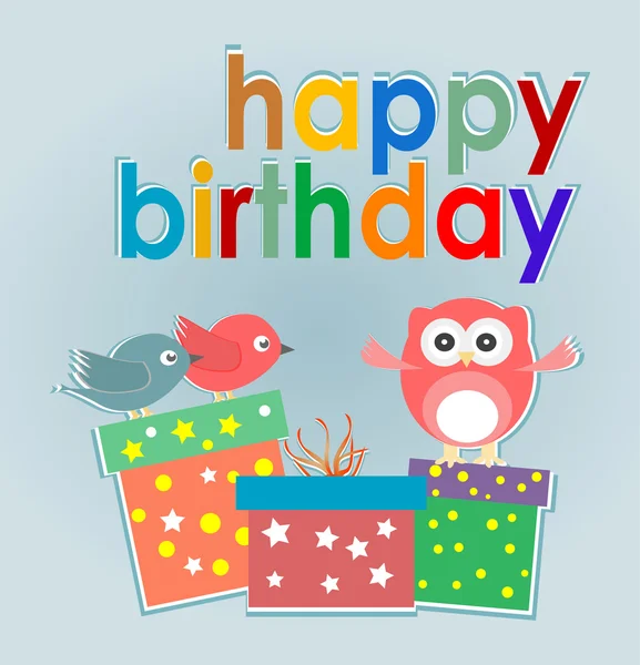 Мила сова, птахи та подарункові коробки - щаслива листівка на день народження — стоковий вектор