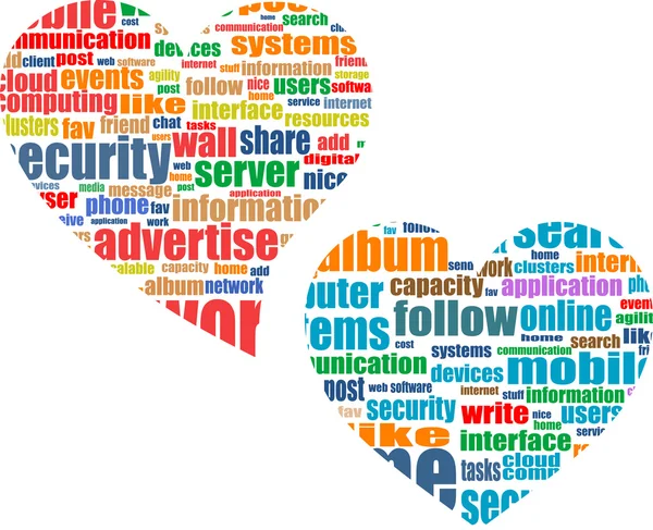Sociální média marketing koncept v aplikaci word shluku v srdci — Stockový vektor