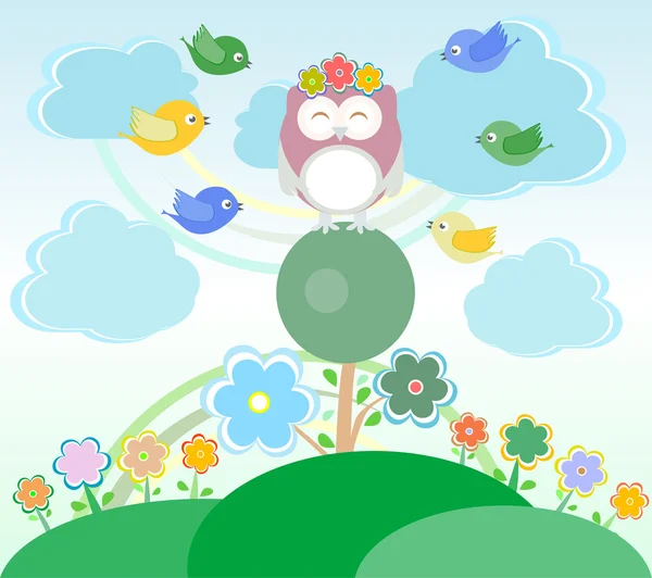 Φόντο με λουλούδια, πουλιά και κουκουβάγια που κάθεται στο δέντρο — Διανυσματικό Αρχείο