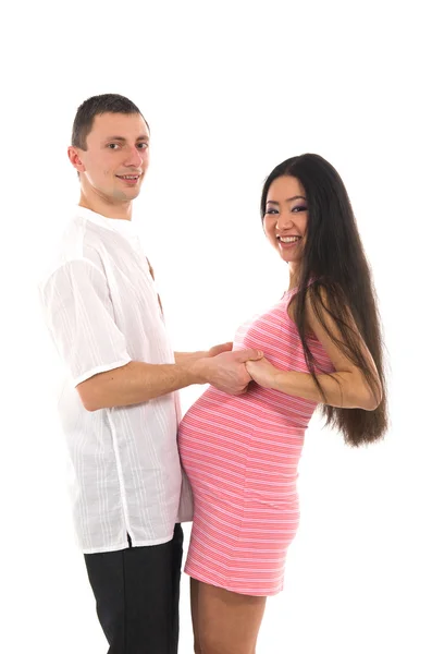 Pareja embarazada caucasoide padre, madre asiática —  Fotos de Stock