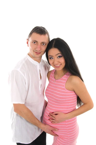 Pregnant couple Caucasoid father, mother asian — Stock Photo, Image