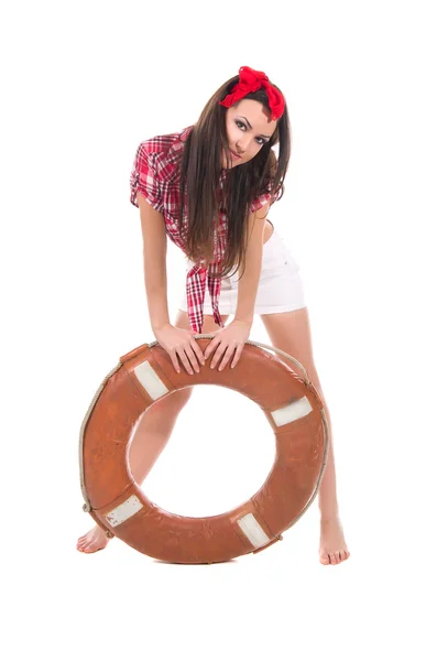 Girl pin up style, with a lifebuoy — Stock Photo, Image