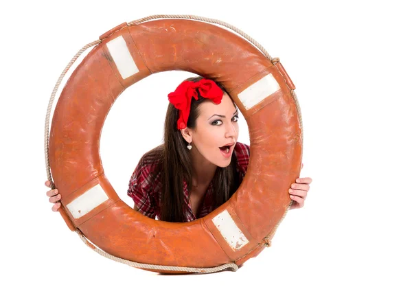 Girl pin up style, with a lifebuoy — Stock Photo, Image