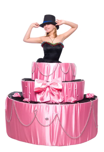 Girl, a surprise gift, jumps out of the toy cake — Stock Photo, Image