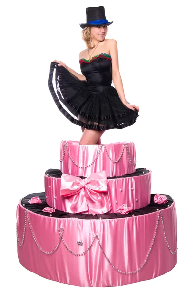 Dívka, překvapení, dárek, vyskočí z dortu hračky — Stock fotografie