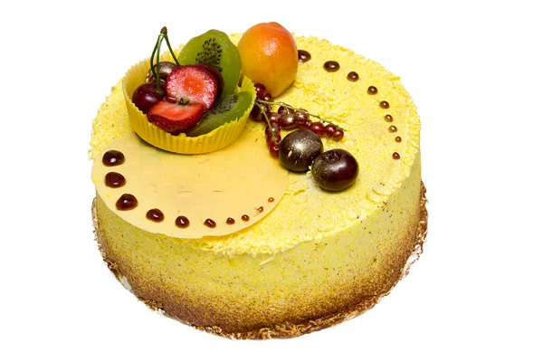 stock image Lemon yellow cake with strawberries, kiwi, cherries