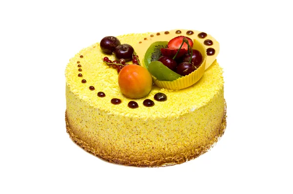 stock image Lemon yellow cake with strawberries, kiwi, cherries