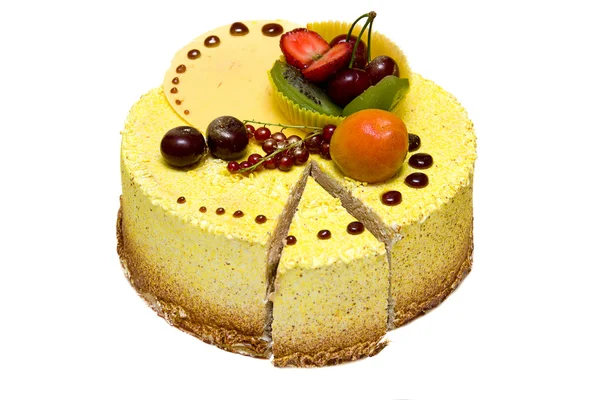 stock image Lemon yellow cake with strawberries, kiwi, cherries