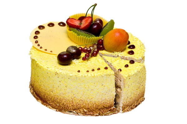 stock image Lemon yellow cake with strawberries, kiwi, cherries