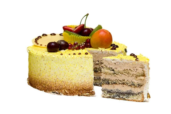 stock image Lemon yellow cake with strawberries, kiwi, cherries