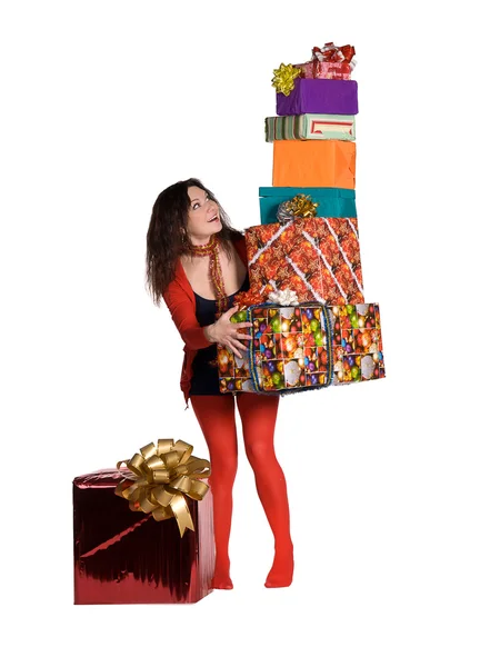 Gyönyörű lány gazdaság sok ajándék dobozok — Stock Fotó