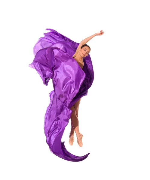 Ballet dancer in flying satin dress — Stock Photo, Image