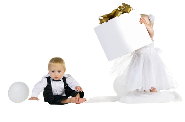 Boy and girl with a big box in hands — Stok fotoğraf