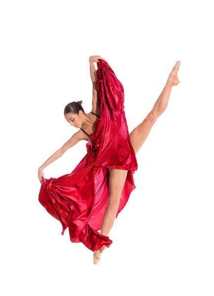 Tancerz w latające satynowa sukienka — Zdjęcie stockowe