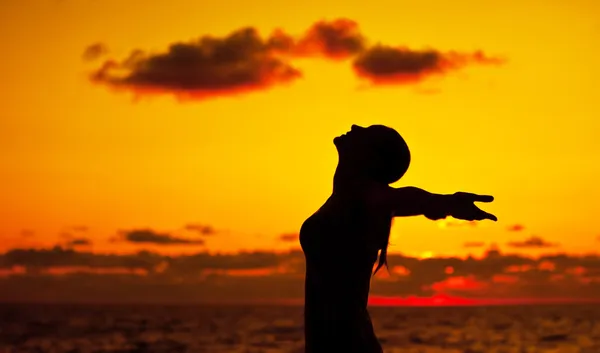 Kadın silueti günbatımı üzerinde — Stok fotoğraf