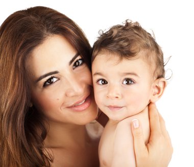 Cute baby boy smiling with mother clipart