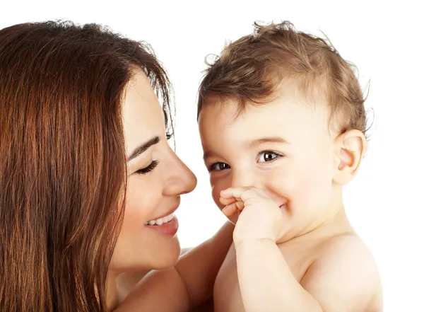 Adorable baby boy smiling with mother — Stock Photo, Image